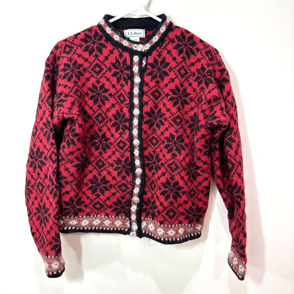 VTG LL Bean Sweater Cardigan Women XS Red Wool Fair Isle Nordic Chunky Knit Cozy